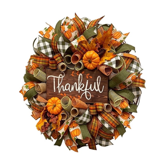 30*30cm Fall Thanksgiving Wreath with Wooden Sign, Artificial Pumpkin & Maple Leaf Wreath, Seasonal Front Door Wreath, Harvest Foliage Wreath for Porch, Wall and Indoor Holiday Decoration