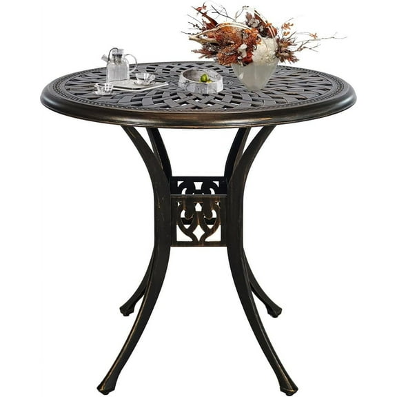 30.31" Cast Aluminum Outdoor Dining Table, Patio Bistro Table with 2.36" Umbrella Hole, Metal Conversation Furniture for Garden Porch