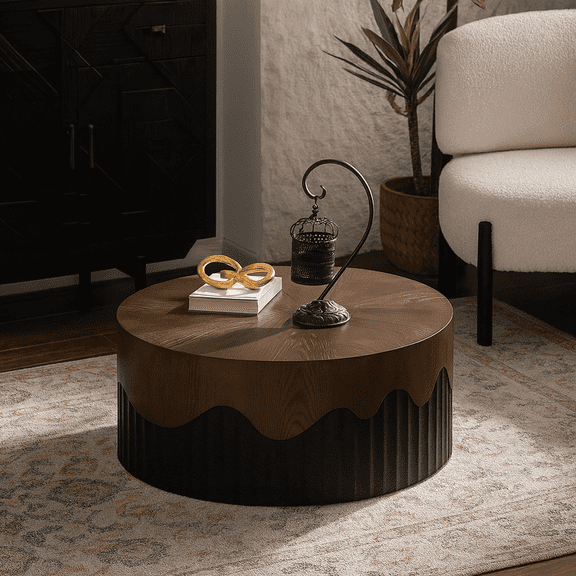 30.31" Round Coffee Table Handcrafted Relief Sturdy Pedestal Wooden Tea Table for Living Room no need to Assemble