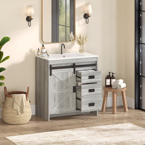 30"/32"/36" Farmhouse Single Sink Bathroom Vanity with Ceramic Top, Gray Sliding Barn Door Cabinet with Storage (Faucet not included)