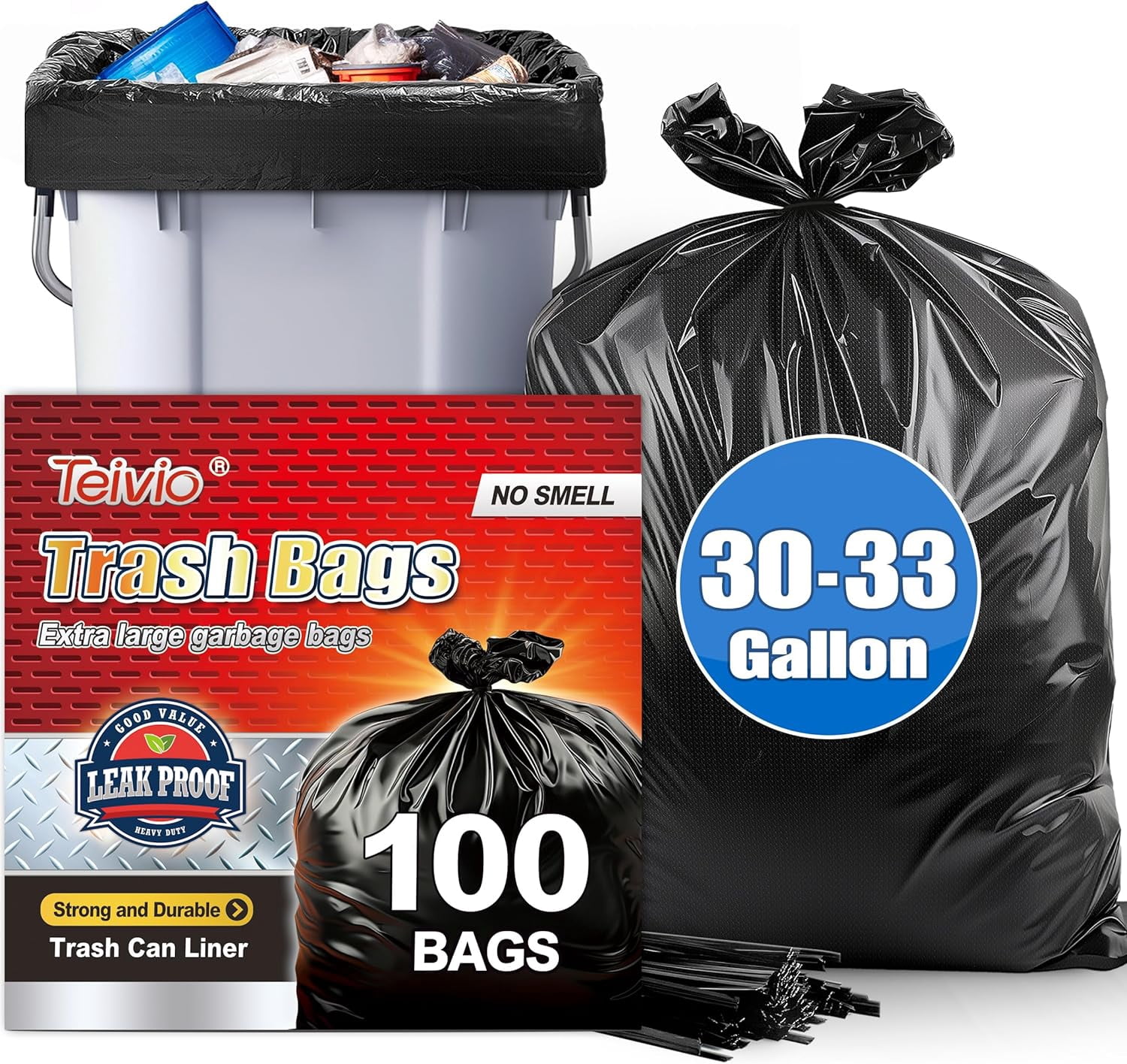 30-33 Gallon 100 Counts Large Trash Bags w/Ties Black Garbage Bags, Large Trash Can Liners for Home,Kitchen,Office,All Purpose Light Residential or Commercial Waste,Outdoor Lawn and Leaf Bags