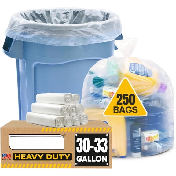 30-33 Gallon Clear Trash Bags Heavy Duty (Mega ValuePack 250 Bags) Large Plastic Bags, for Recycling 30 Gallon - 32 Gallon - 35 Gallon. Clear Large Trash Bags