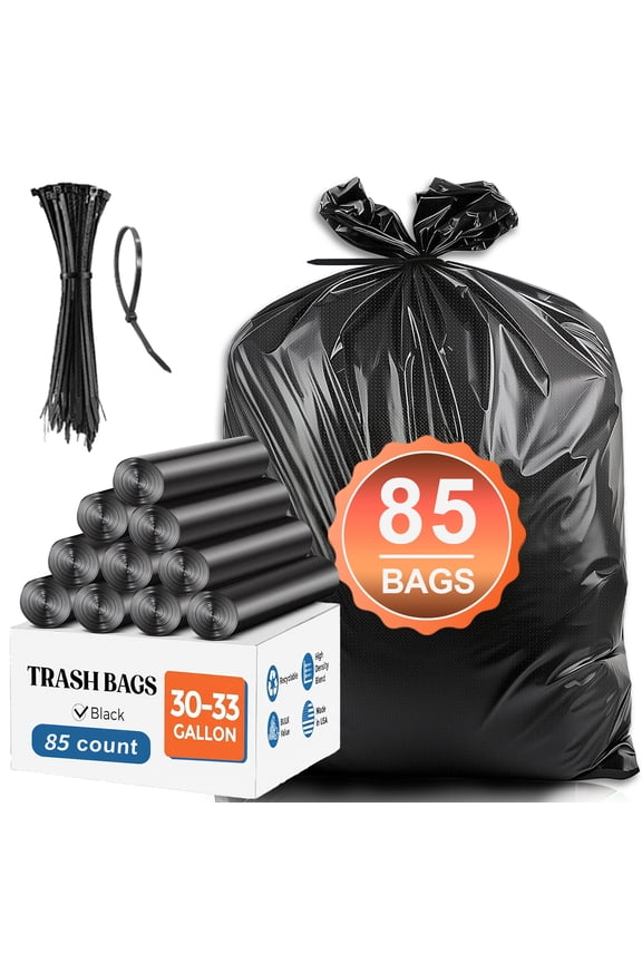 33 Gallon Trash Bags (85Count) ,30-33 Gallon Black Garbage Bags ,Garbage Can Liners with Tying Ropes