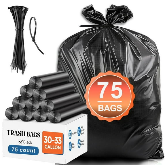 33 Gallon Trash Bags (75Count) ,30-33 Gallon Black Garbage Bags ,Garbage Can Liners with Tying Ropes