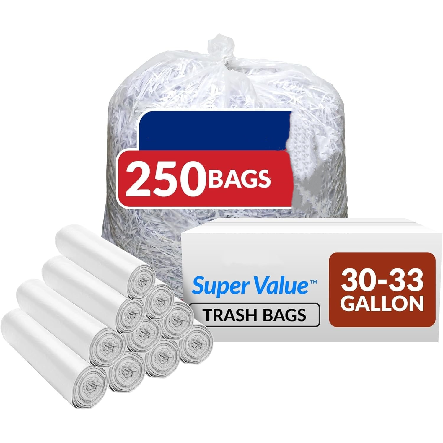 30-33 Gallon Trash Bags Heavy Duty | 250 Count Bulk | Clear Large Trash Bags 30+, 32 Gallon