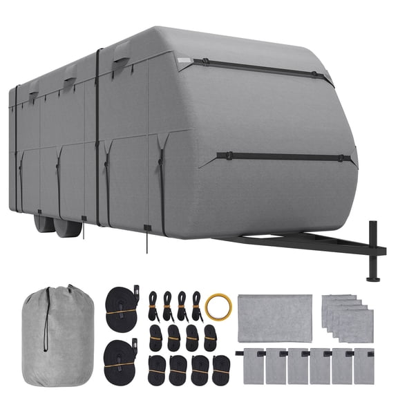 30-33 ft RV Travel Trailer Cover, Waterproof Windproof Camper Cover with Storage Bag, Straps&Tire Covers, Heavy Duty Protection for Class A Motorhomes
