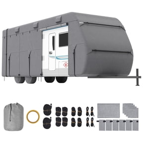 30-33 ft RV Travel Trailer Cover Waterproof Windproof Rip Stop 4 Layer Non Woven Fabric with Storage Bag Repair Patches Straps Tire Covers