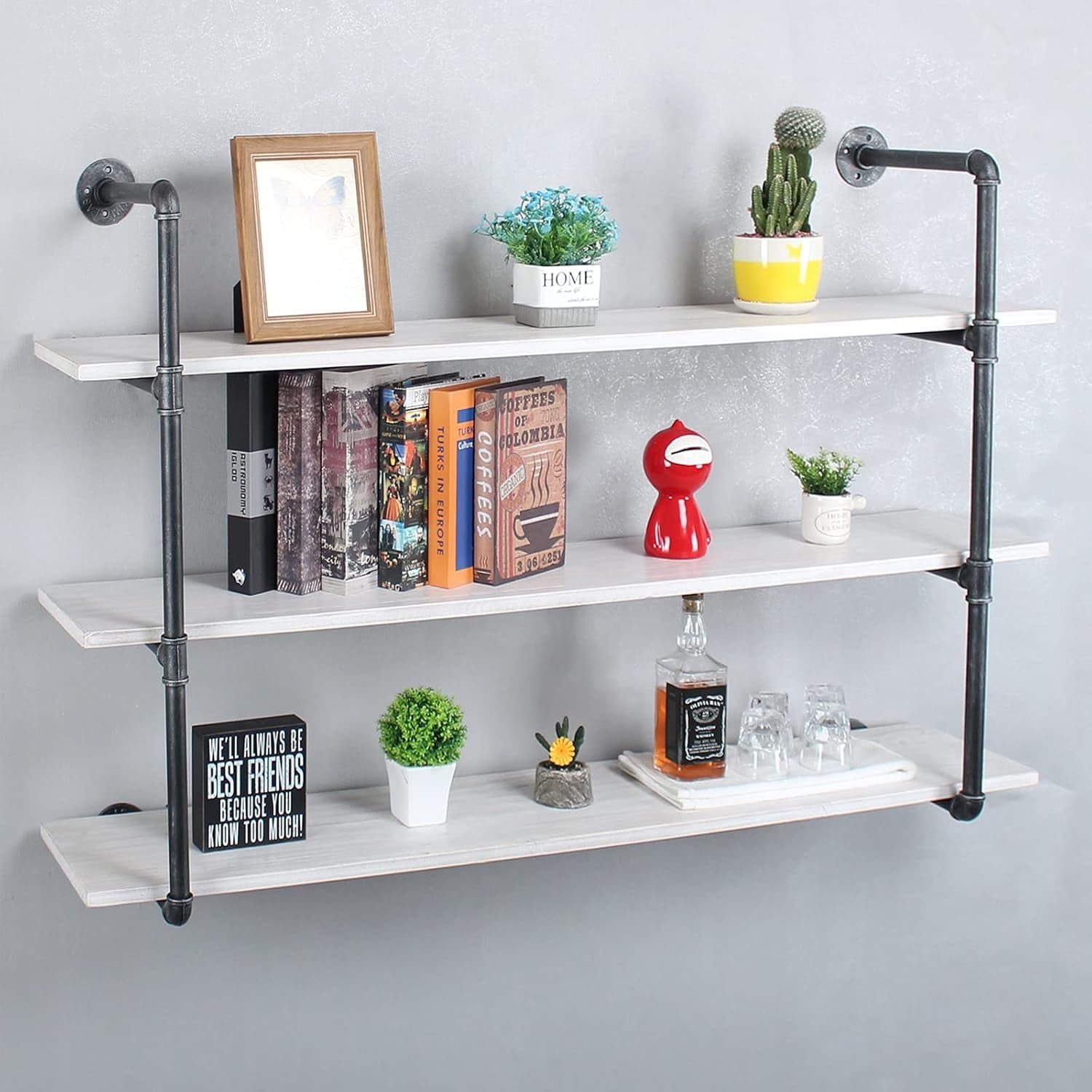 30" Industrial Pipe Bookshelf Wall Mounted 4 Tier Rustic Floating