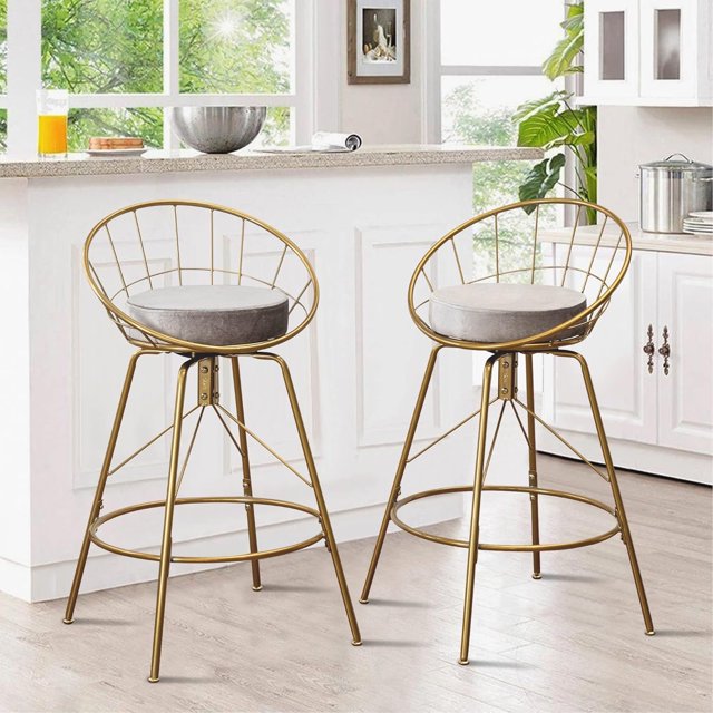 30" Swivel Bar Stools Upholstered Velvet Bar Height Chairs Gold Metal