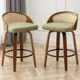 30" Swivel Rattan Stools MidCentury Modern Green Faux Leather