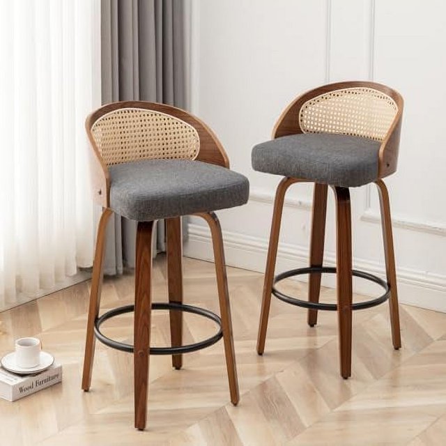 30" Swivel Rattan Stools MidCentury Modern Green Faux Leather