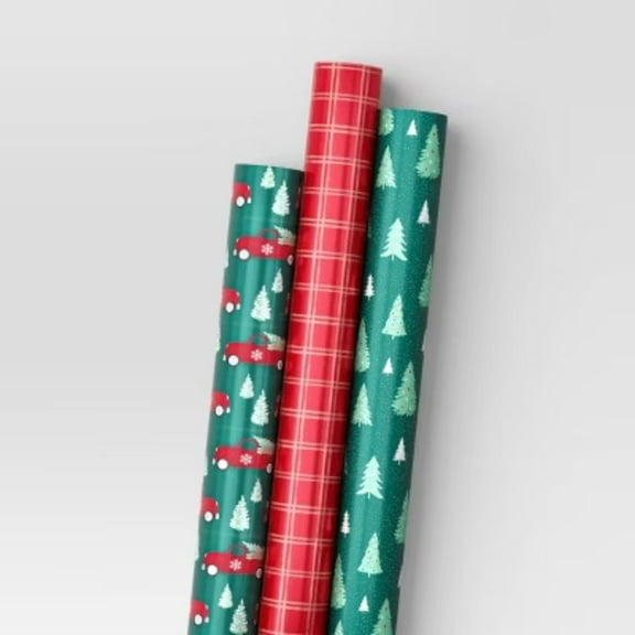 30" 3pk 180 sq ft Christmas Wrap Pack Trucks/Plaid/Trees