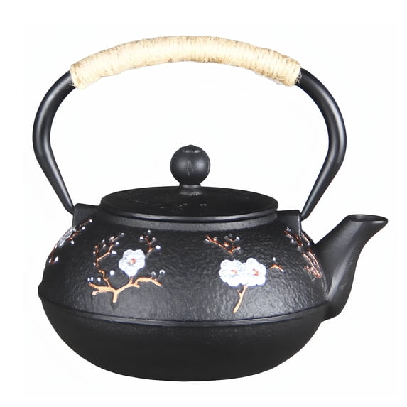 30.4 fl oz Small Cast Iron Teapot Tea Kettle with Stainless Steel Infuser for Stovetop Safe Coated with Enameled Interior Japanese Tetsubin with Flower and Bird Pattern