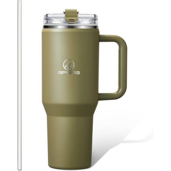 30/40/50 oz Tumbler with Handle, Water Bottles with Straw Lid, Insulated Stainless Steel Travel Mug Cup Holder Friendly, Keep Drinks Cold or Hot for Hours (ArmyGreen, 30 oz)