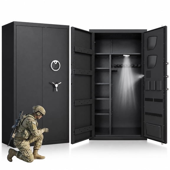 Pacriond 30-40 Biometric Shotgun Safe with LCD Keypad & Dual Alarm System, Large Gun Cabinet with Adjustable Shelves for Pistols, Unassembled Home Garage