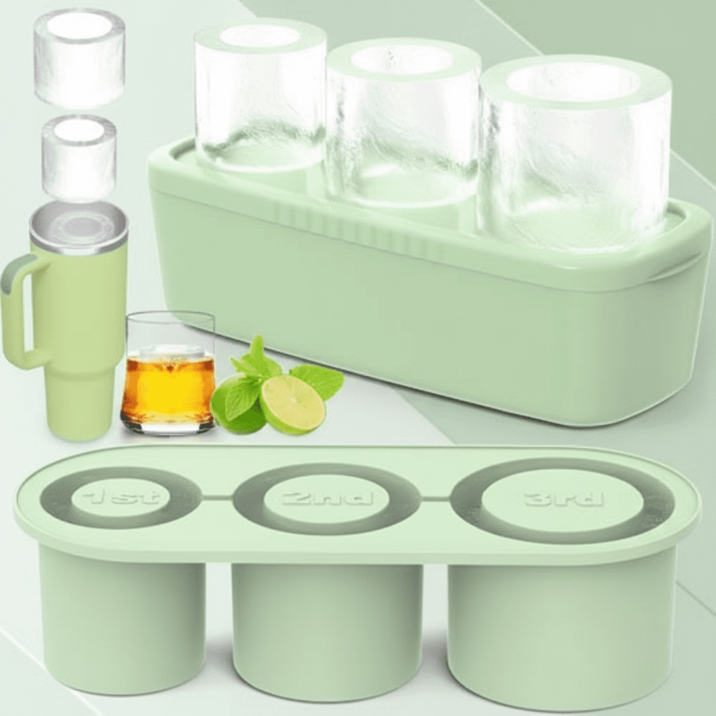 30-40 Oz Silicone Ice Cube Tray for Tumbler Cup, 3 Pack Cylinder Ice Mold with Lid & Storage Bin, Easy Fill & Release Ice Maker for Whiskey Cocktail Drinks, Freezer Safe (Green, 40Oz-Type1)
