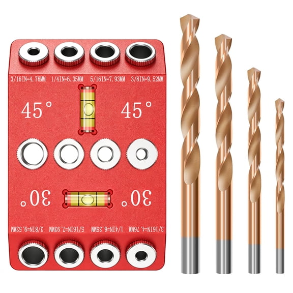 30 45 90 Angle Drill Guide Fixture, Aluminum Alloy Drilling Template, With 4 Drill Bits (3/16 ", 1/4", 5/16 ", 3/8") And Level, Used For Woodworking And Round Wood Drilling