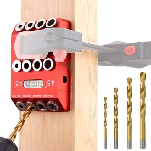 30/45/90 Angle Drill Guide Jig, Aluminium Alloy Straight Hole Drilling jig,table Block Attachment Tool for Cable Railing System,Wood Post,Railing Deck Woodworking with 4 drill bits