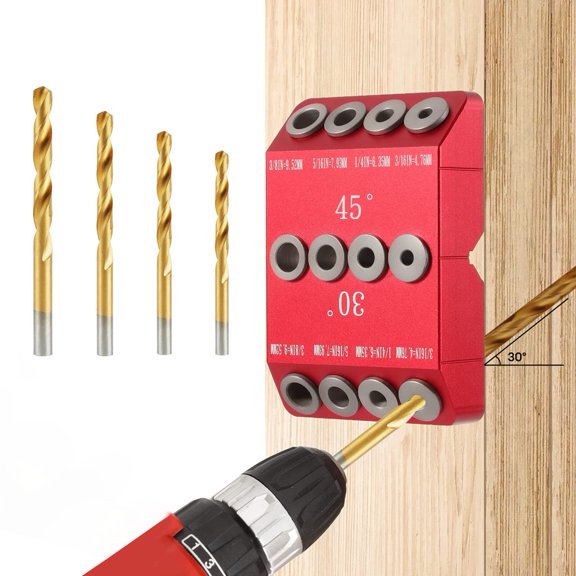 30/45/90 Angle Drill Hole Guide Jig for Angled and Straight Hole,Cable Railing Lag Screw Drilling Template,4 Drill Bits