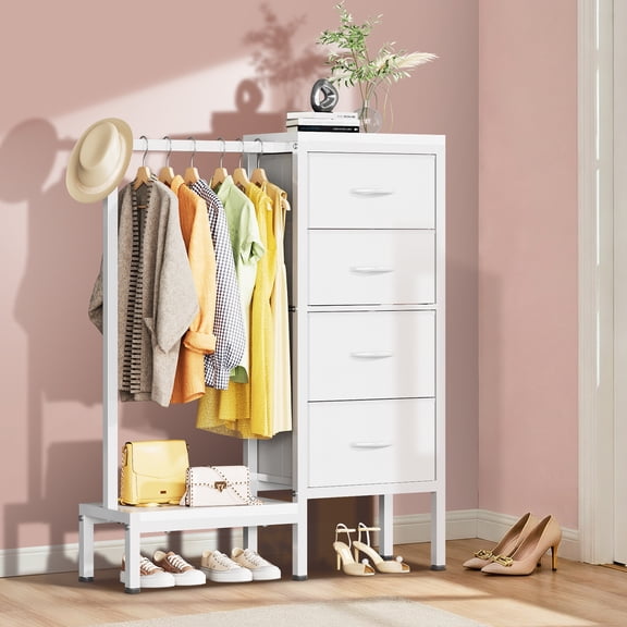30"-49.2" Garment Rack with 4-6 Drawers & Charging Station – Metal Closet Organizer with Hanging Rod & Hooks – Bedroom & Hallway – Multiple Colors