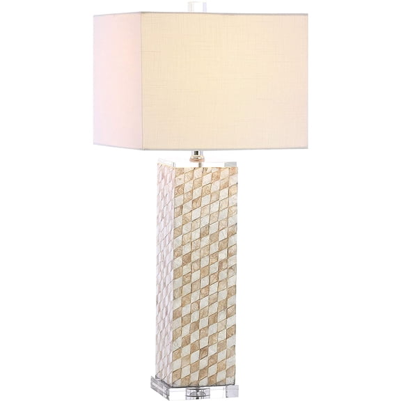 30.5" Cream Seashell and Crystal Table Lamp, Coastal Harlequin Mosaic Mother of Pearl Resin Base with White Linen Rectangle Shade, LED Bulb Included JYL1048A