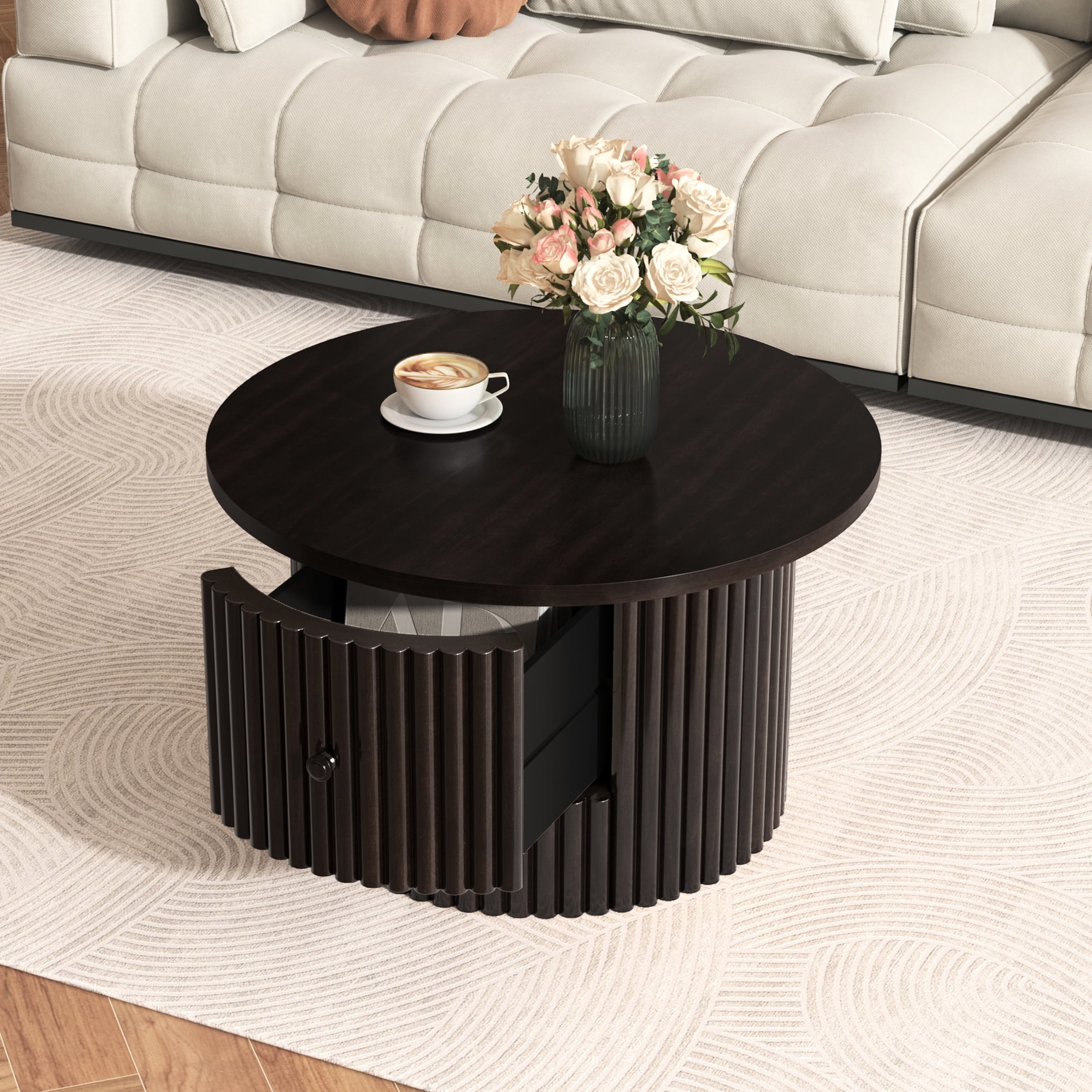 30.5" Dark Brown Coffee Table, Round With Drawer And Solid Vertical ...