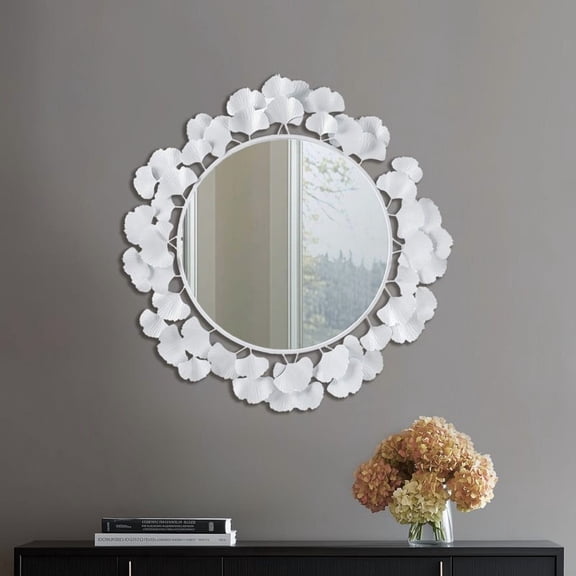 30.5" Gingko Leaf Round Wall Mirror White