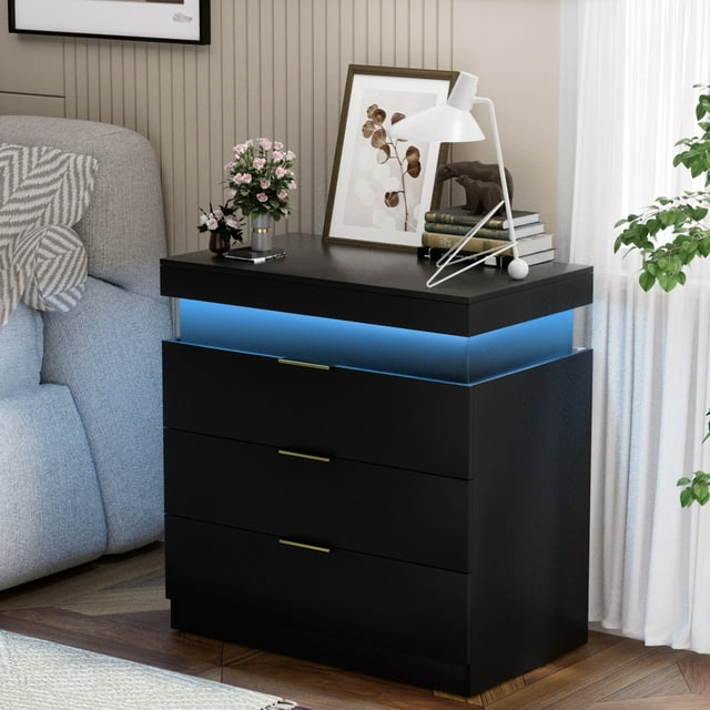 30.5''H Nightstand with LED Lights & Sliding Top, Modern End Side Table with 3 Drawers, 28.8''W Solid Wood Bedside Table for Bedroom, Black