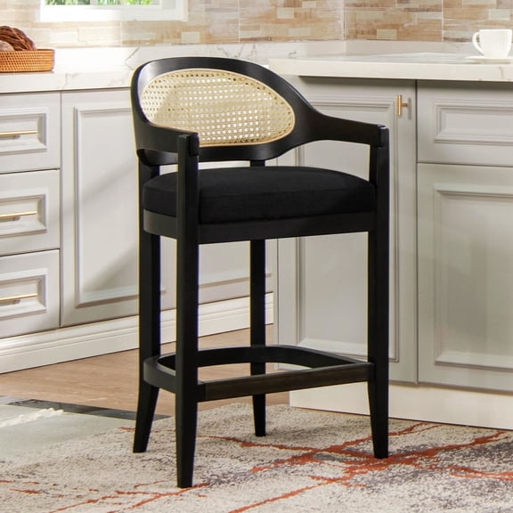 30.5" Jet Black Bar Stool with Cane Inset and Foot Rest - Easy Seating in Beach Bars