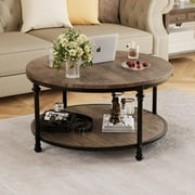 30.5" Round Rustic Coffee Table with Storage Shelf, Walnut Wood Grain Circle Coffee Table with Sturdy Metal Legs for Living Room