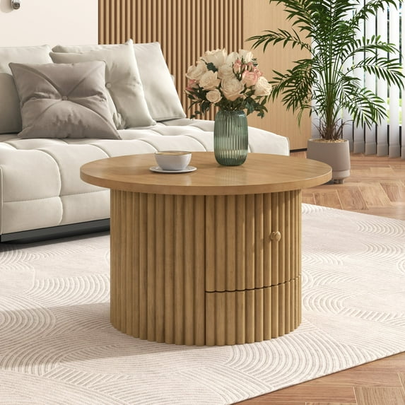 30.5'' Round Wood Coffee Table with Storage for Living Room,Modern Wood Coffee Table with Pedestal and Drawer Fluted,Oak
