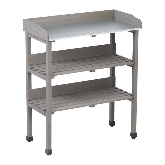 30.5" Solid Wood Potting Table with Metal Top, 3-Tier Workbench with Hooks & Adjustable Feet