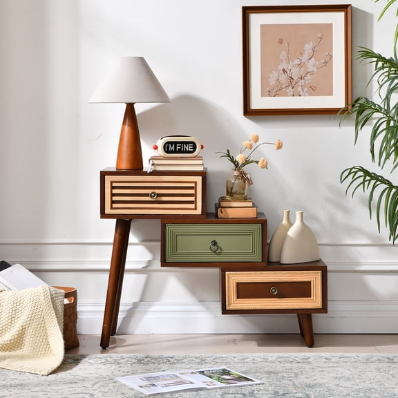 30.5'' Wide Vintage Accent Chest with 3 Staggered Drawers Mid Century Modern Side Table Nightsatnd Decorative Rustic Cabinet with Color-Block Drawer Fronts for Living Room, Bedroom, Entryway