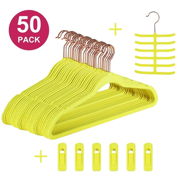 VECELO 50 Pack Velvet Clothes Hangers with 360 Rotating Hook, Slim Space Saving Suit Hangers, Yellow