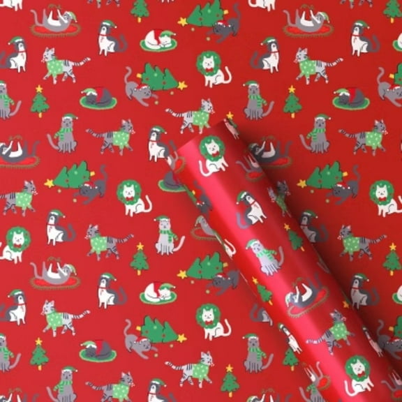 30" 50 sq ft Christmas Roll Wrap Illustrated Cats on Red