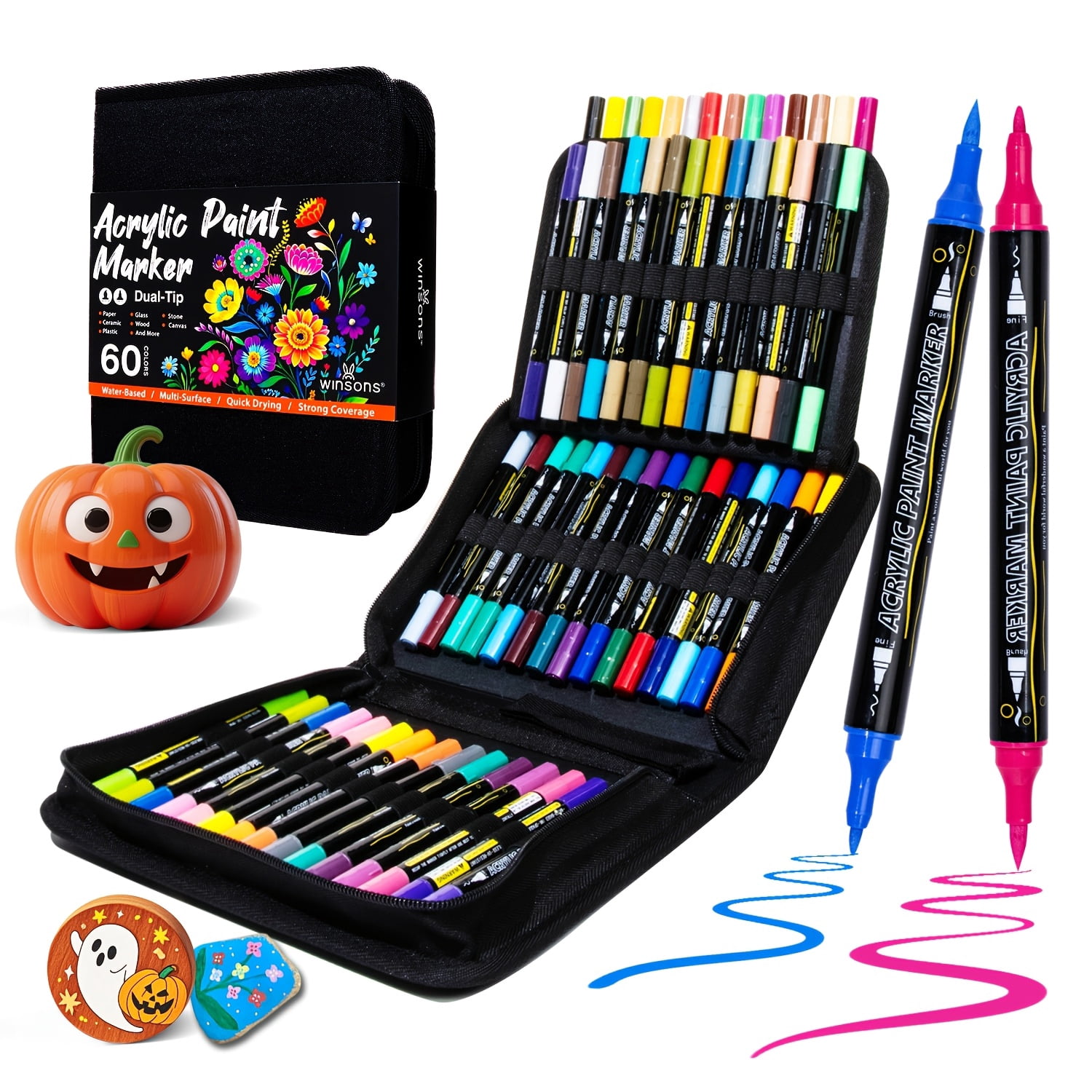 30/60/120-Color Dual Tip Acrylic Paint Marker Set, Waterproof Quick-Dry Art Pens with Portable Fabric Storage Case