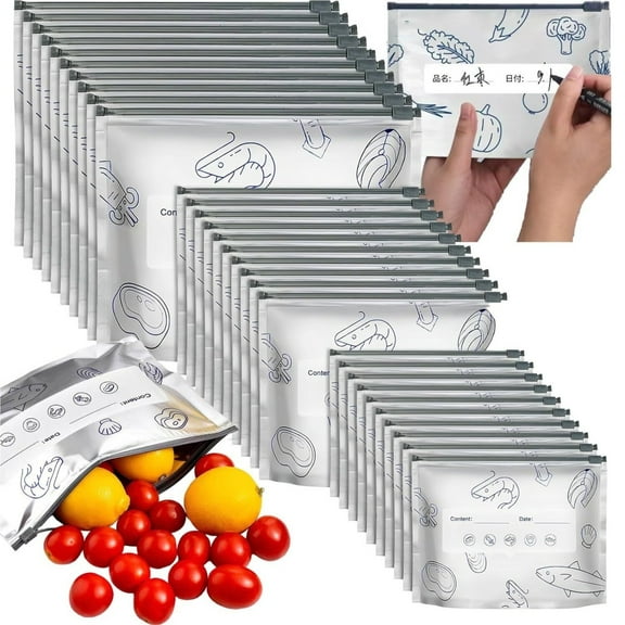 30/60/90Pcs Reusable Aluminum Foil Sealable Storage Bags, Zip & Label for Fruits, Veggies, Meat
