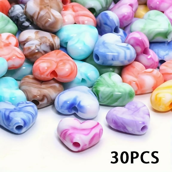 30/60/90pcs Cream Gradient Marbled Heart Acrylic Beads - Pastel Pink Blue Green Purple Yellow Orange Red White Mixed for DIY Jewelry Making, Bracelets, Necklaces, Earrings