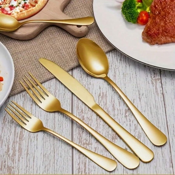 30/60-Piece Luxury Golden Stainless Steel Flatware Set - 6-Person Cutlery Includes Dinner Spoons/Forks/Knives, Teaspoons & Salad Forks for Home, Restaurant, Parties & Weddings