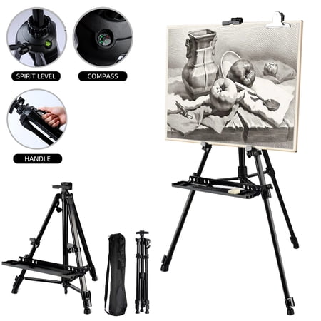 30''-63'' Adjustable Artist Easel Stand,Display Easel Stand,Ultra Stable Extra Thick Aluminum Metal Tripod Art Easels with Level,Compass,Bucket Hooks,Carrying Bag,for Drawing and Displaying