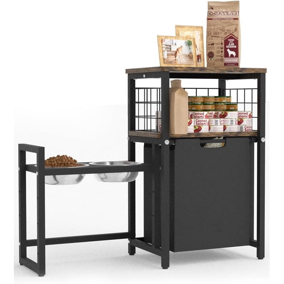 30.6Long x 26.2 High Elevated Dog Bowl Stand with Pet Food Storage Organizer, Adjustable Raised Feeding Station with Toy Basket for Large Medium Small Dogs and Cats, Black