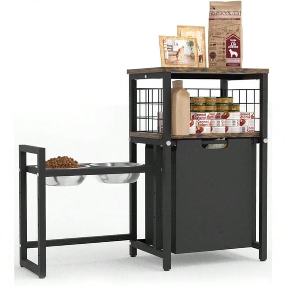 30.6Long x 26.2 High Elevated Dog Bowl Stand with Pet Food Storage Organizer Adjustable Raised Feeding Station with Toy Basket for Large Medium Small Dogs and Cats Black