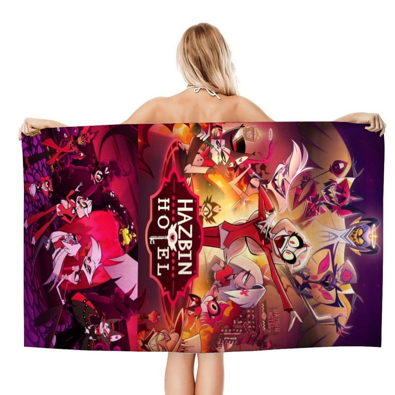 30.7×63in Hazbin Hotel Cartoon Gifts Beach Towel for Women Kids Birthday Bath Outdoor Quick Dry Lightweight