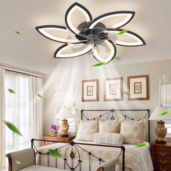 Ganeed 30.7'' Bladeless Ceiling Fan with Lights Remote Control, Modern Low Profile Ceiling Fans with Lights, Dimmable 3 Color 6 Speeds Flush Mount LED Ceiling Fan for Bedroom, Living Room - Black