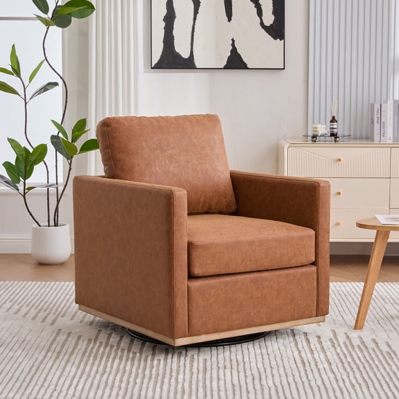 30.7" Brown Pu Swivel Accent Chair, 360-Degree Rotation Lounge Chair with Pocket Springs, Solid Wood Frame for Living Room, Bedroom, Apartment