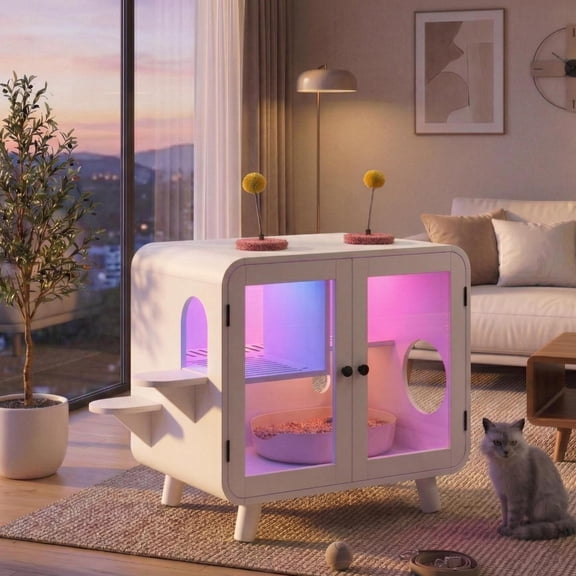 30.7'' Cat Hidden Litter Box Enclosure with RGB LED Light,Cat Washroom Cabinet and Glass Doors for Better View