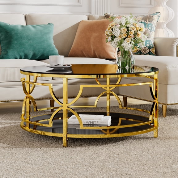 30.7" Luxury Gold Round Glass Coffee Table,2-Tier Modern Center Table with Stainless Steel Leg Tempered Glass Tabletop,Elegant Accent Furniture for Living Room Apartment,Black