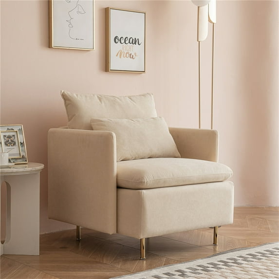 30.7" Modern Accent Armchair, Cotton Linen Upholstered Single Sofa Chair with Golden Metal Legs, Comfy Reading Chair with Square Armrest for Living Room, Bedroom, Office, Beige