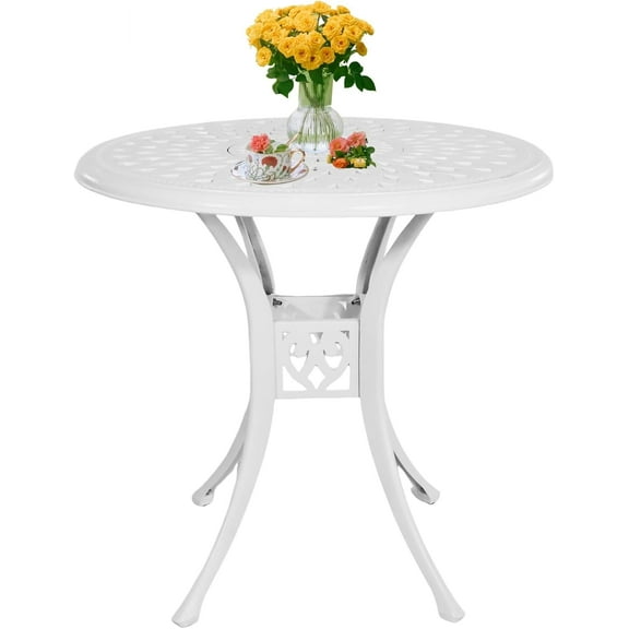 30.7" Patio Table Cast Aluminum Round Patio Table,Metal Patio Dining Table with Umbrella Hole,All Weather Outdoor Bistro Dining Table for Backyard, Garden, Balcony, White Patio Table.