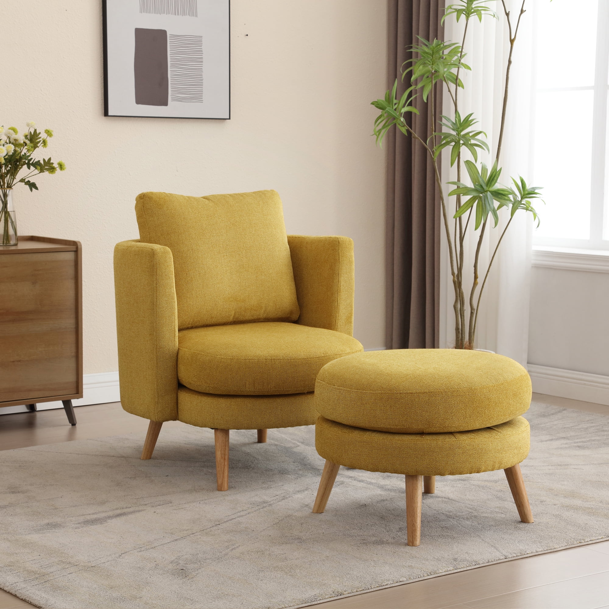 30.7"W Accent Chair with Ottoman,Upholstered Single Sofa with Throw Pillow & High Armrest,Comfort Reading Chair with Wooden Leg for Living Room Bedroom Dorm Room Office,Mustard